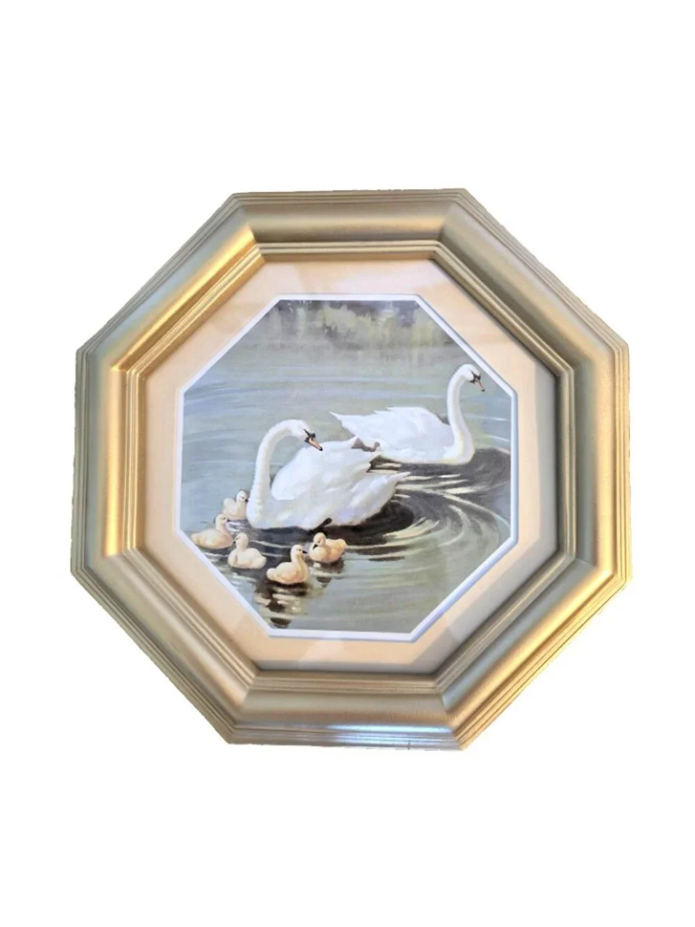 Vintage Swan Wall Art Prints Pair Octagon Gold Frames Cottage Grandmillenial